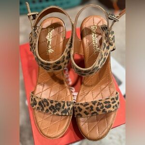 Tan Brown Leopard Print Sandals with Ankle Strap